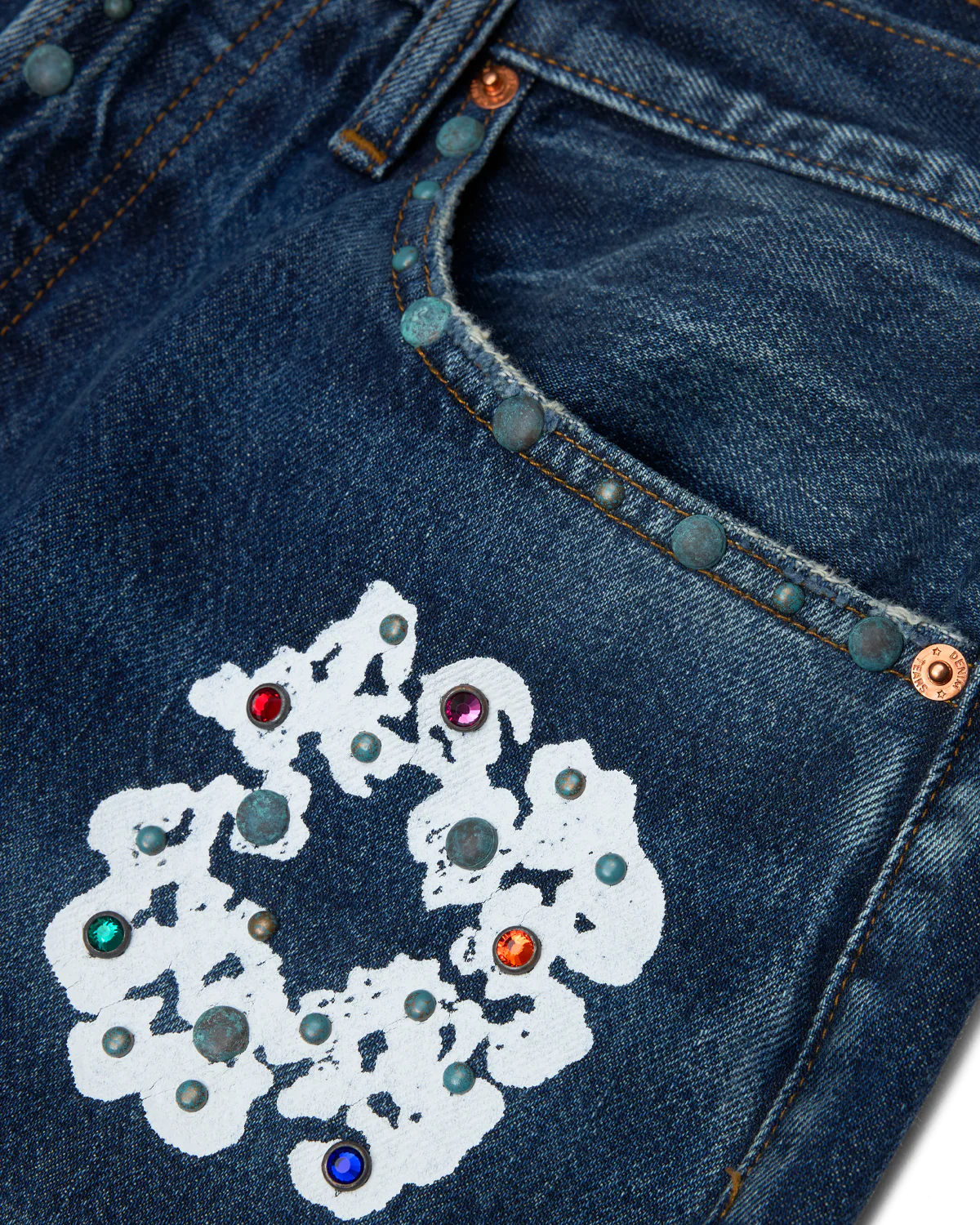 Baggy Rhinestone Cotton Wreath Denim Pant Dark Wash - Image 3